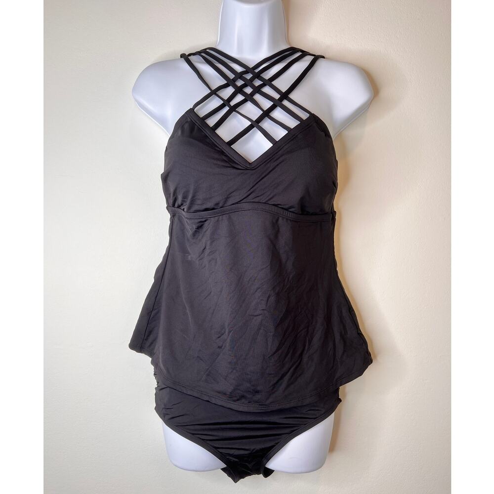 Kenneth Cole Solid Black Sexy Strappy Tankini Set Sz Sm Tummy Toner